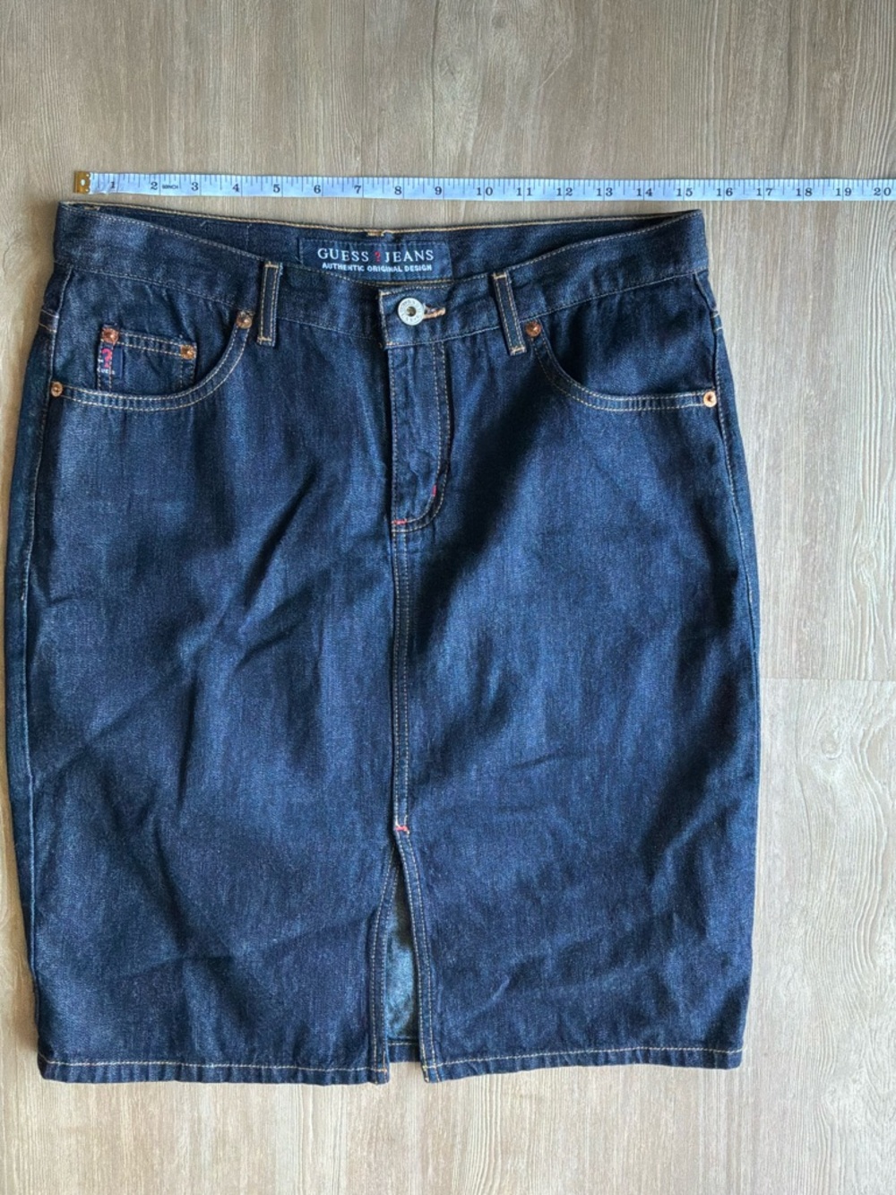 Vintage 90s GUESS JEANS Rigid Denim Midi Pencil Skirt dark wash front slit 30